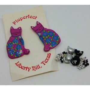 Curated bundle cat lovers jewelry set folk art earrings and costume brooch.
